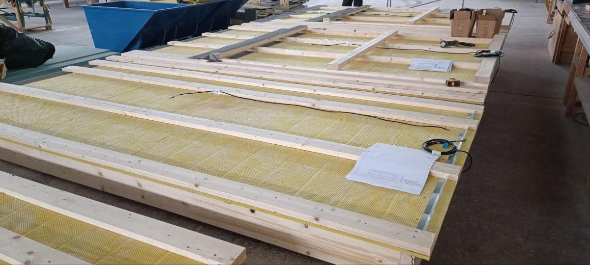 A timber frame prefabricated insulation panel, made using recycled materials, at Timbeco’s factory in Tallinn, Estonia.