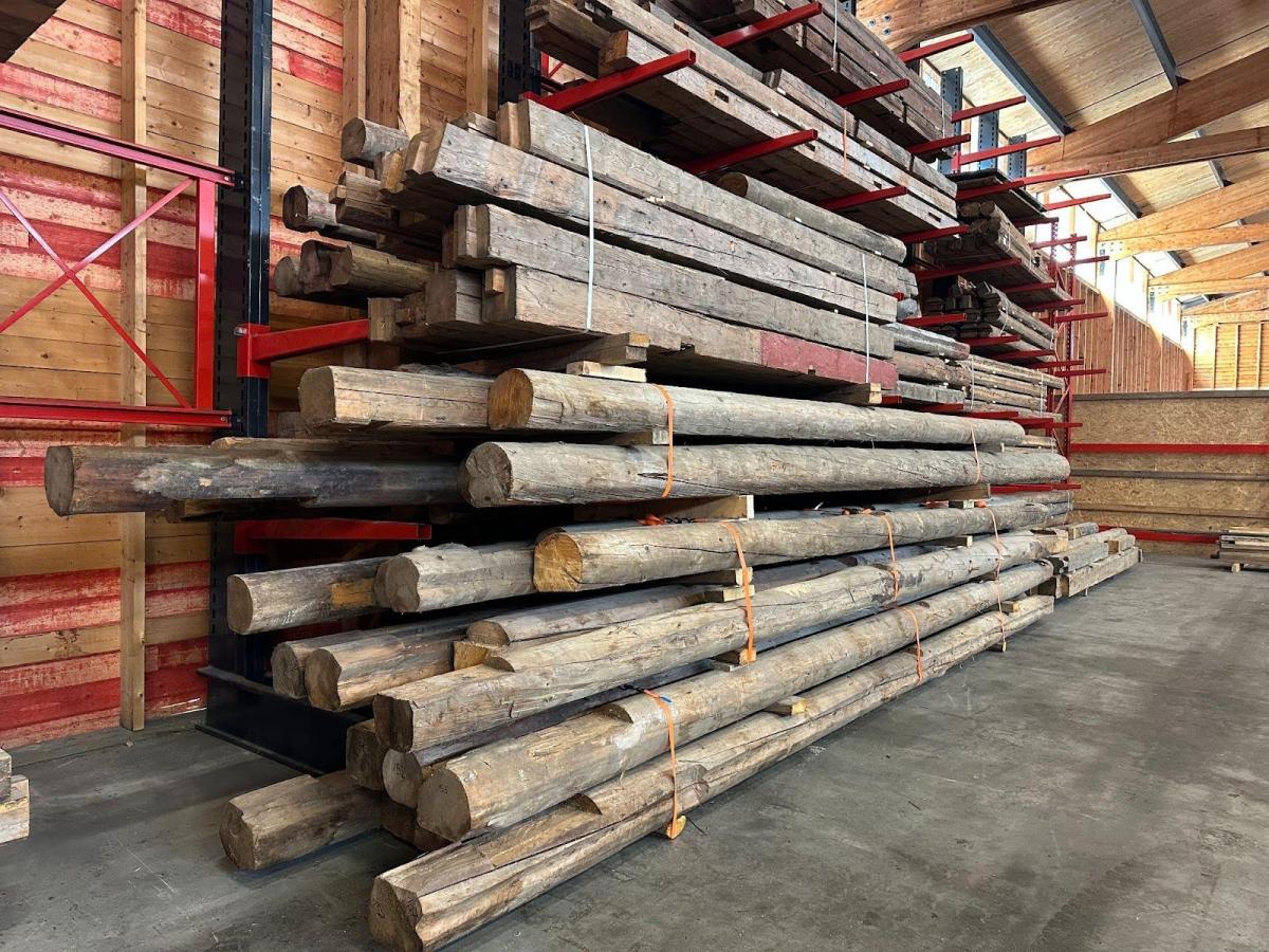 Reclaimed timber at Omtre’s factory in Norway, ready to be shipped to TalTech in Estonia for technical testing.