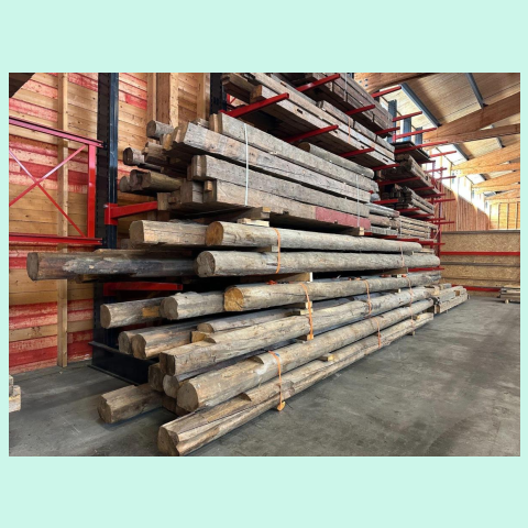Reclaimed timber at Omtre’s factory in Norway, ready to be shipped to TalTech in Estonia for technical testing as part of the Norwegian Demonstrator project.